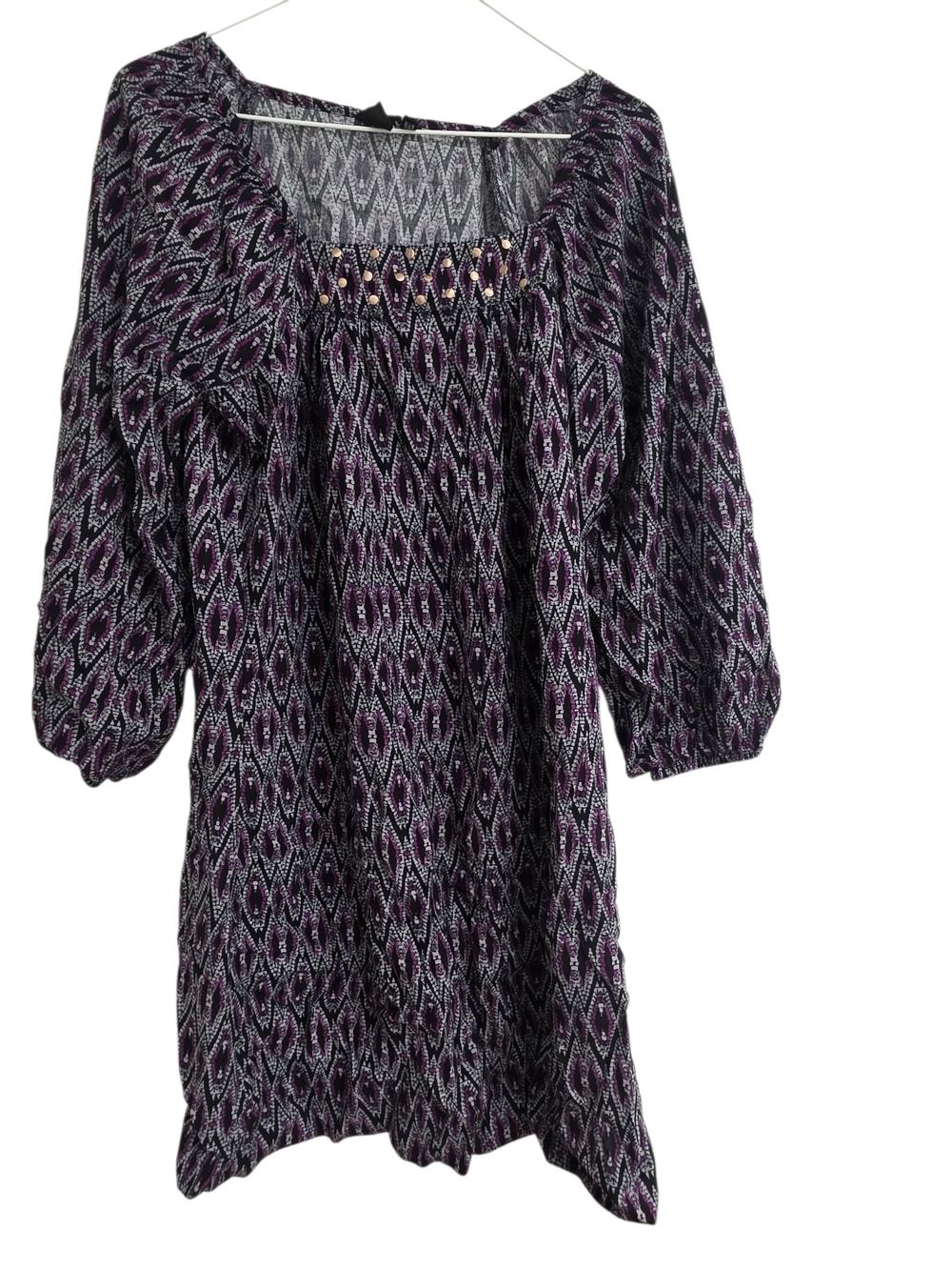Purple Patterned Long-Sleeve Boho Tunic Dress (0331)